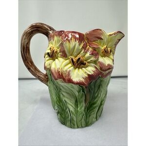 Vintage Bassano Majolica Ceramic Pitcher Made in Italy Hand Painted Floral RARE